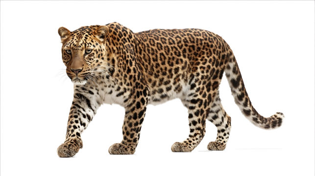 Photo of a leopard walking isolated on a white background with a clipping path Fullbody portrait