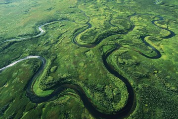 Obraz premium Aerial view of winding river through lush green landscape (1)