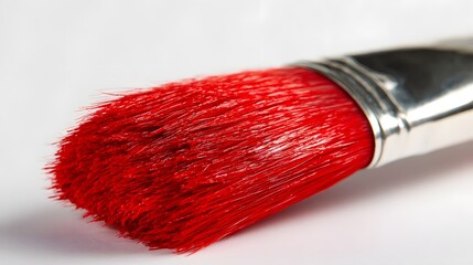 Close-up of a vibrant red paintbrush against a plain white background.
