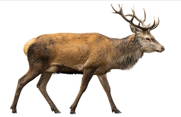 Photograph of a red deer in profile full body isolated on a white background with a clipping path a closeup shot