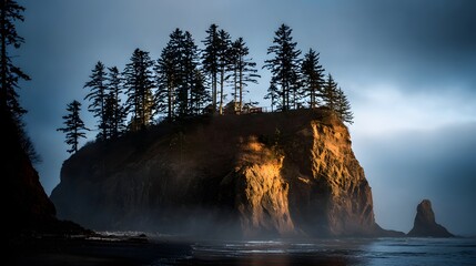 A dramatic coastal scene at sunrise, showcasing a rocky promontory rising from the misty ocean.