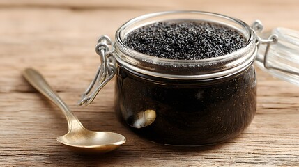 A close-up view of a dark, textured scrub in a clear glass jar, positioned on a rustic wooden surface with a vintage spoon.