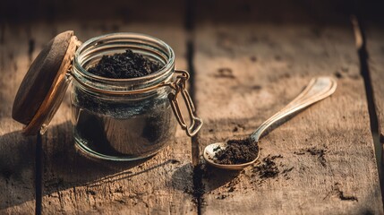 Dark, earthy powder sits in a glass jar and on a vintage spoon atop a weathered wooden surface.