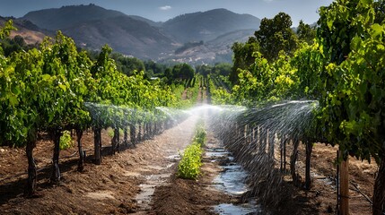 Vineyard irrigation system watering grapevines in california wine country scenic landscape agriculture farming field