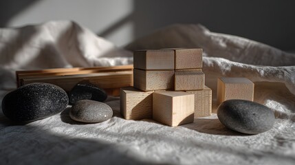 Light-drenched still life featuring a stack of light wooden blocks and smooth stones on a textured white linen cloth.