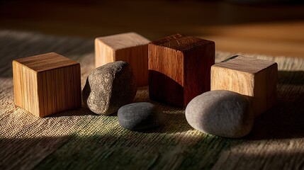 Wooden cubes and stones arranged on a textured surface, bathed in warm sunlight, showcasing a serene and minimalist aesthetic.