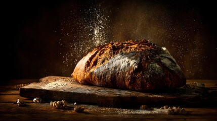 A rustic loaf of artisan bread rests on a weathered wooden board, dusted with flour and surrounded by scattered grains.