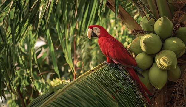 Red parrot on palm leaf, lush greenery