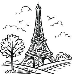 Fototapeta premium Cartoon doodle Parisian icon, black and white sketch style vector illustration for T-shirt design, web, mobile apps and UI