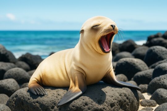 Adorable yawning sea lion pup resting on beach rocks in front of vibrant ocean waves under clear sky, joyful coastal wildlife moment captured perfectly. Ai generative