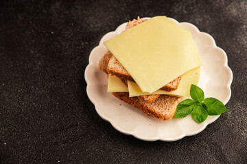 Sandwich cheese tasty snack fresh delicious gourmet food background on the table rustic top view copy space