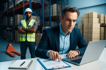 Business manager analyzing logistics financial report on laptop in warehouse setting with worker in high visibility vest in background. Ai generative