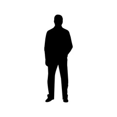 Simple silhouette of a man in business casual attire, standing confidently with hands in pockets.