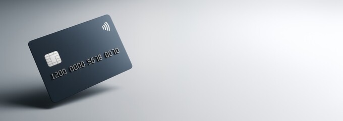 Dark credit card standing on corner over clean gradient background with copyspace for finance or business promotion concept mockup template. Ai generative