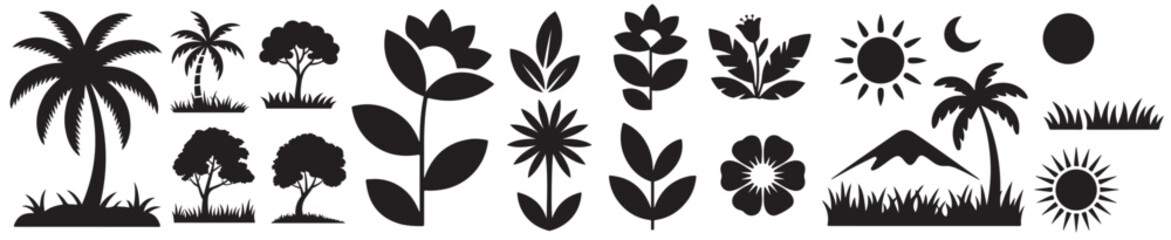Fototapeta premium A collection of black and white nature themed illustrations including trees and flowers and suns and moons