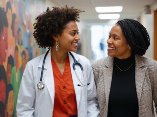 Two smiling women of color in a hospital hallway one a doctor with a stethoscope healthcare medical