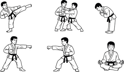 Karate martial arts training, black belt fighters, martial arts poses, self-defense techniques, bowing respect, sparring, meditation, discipline, karate gi, combat practice