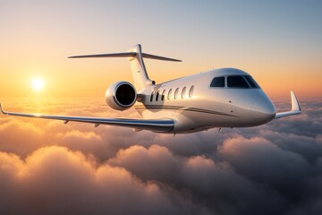 Obraz premium Luxury private jet flying above clouds during golden sunset light, symbolizing freedom, travel, and modern aviation concept in dreamy sky background. Ai generative
