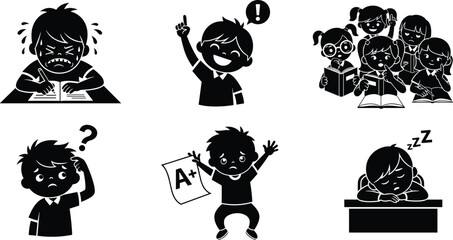 School kids emotions, studying, crying child, happy student, confused kid, group reading, tired student, A+ grade, learning, classroom feelings