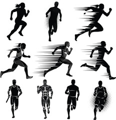 Vector silhouettes of male and female athletes sprinting in motion, dynamic running poses for sports, fitness, and speed training illustrations