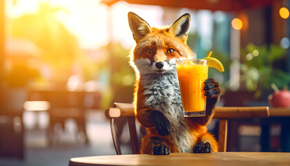 A charming red fox enjoys a refreshing orange smoothie at a sunny outdoor cafe.