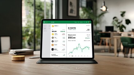 Digital tablet displaying cryptocurrency data in a modern office setting