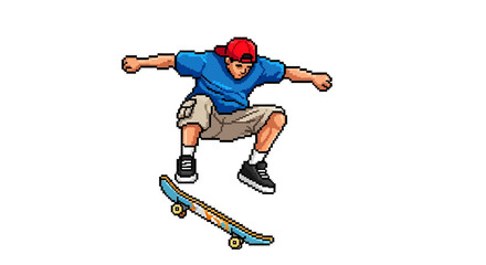 Fototapeta premium Pixel art illustration of a young skateboarder in a red cap performing a mid-air jump, capturing the essence of retro gaming and street sport culture
