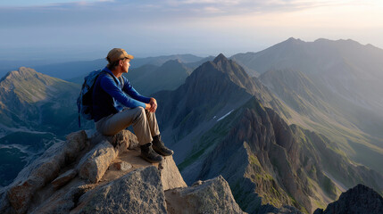 Fototapeta premium A hiker rests on a peak, the majestic scene illuminated by soft light. Hiker, peak, with copy space