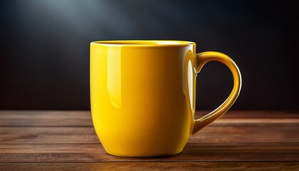 a bright yellow mug on a wooden table with a dark background