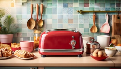 a vintage red toaster on a retro kitchen counter surrounded by breakfast items
