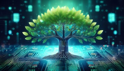digital nature fusion image of a tree with binary leaves rooted in a computer chip symbolizing eco technology symbolizing digital nature and technology harmony