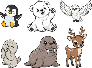 Cartoon arctic animals, penguin, polar bear, owl, seal, walrus, deer, winter wildlife, kids illustration, cute, playful, snowy nature