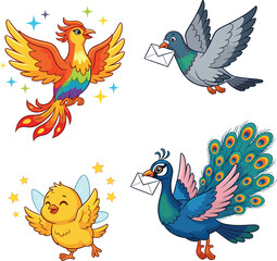Cartoon birds, phoenix, pigeon, chick, peacock, flying, envelope, magical, colorful feathers, fantasy illustration, kids, whimsical, celebration