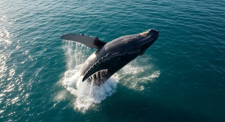 Fototapeta premium Humpback Whale Breaching in Open Ocean