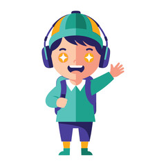 Cheerful young boy with headphones and backpack: An adorable illustration of a young boy, brimming with happiness, sporting a pair of headphones and a backpack, waving hello.