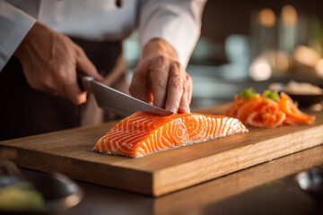 Chef slicing fresh salmon fillet with precision knife technique on wooden cutting board in restaurant kitchen