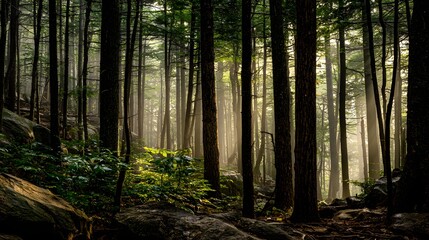 Obraz premium Sunlight streams through a misty forest, illuminating patches of greenery amidst towering trees and rocky terrain.