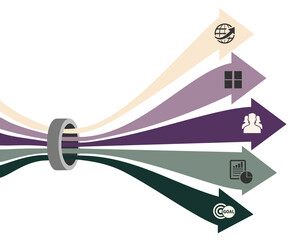 Parallel lanes with arrows going through a metal ring, symbolizing project phases or streams, products, features or business areas. Concept for business, consulting, and process analysis.