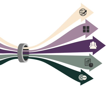 Parallel lanes with arrows going through a metal ring, symbolizing project phases or streams, products, features or business areas. Concept for business, consulting, and process analysis.