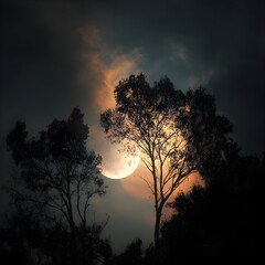 Moon partially covered by clouds behind silhouette of trees at dusk  