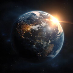 Fototapeta premium Earth from space at sunrise with illuminated cities and atmosphere 