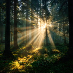 Fototapeta premium Equinox sun path shining through trees in forest, sunbeams creating lines on forest floor 
