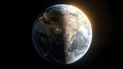 Earth viewed from space showing day and night transition,  with equinox line clearly visible