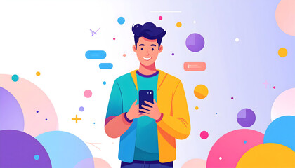 Cheerful Young Man Using a Smartphone with a Colorful Digital Background