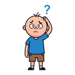 Puzzled Kid: A confused child with a blue question mark overhead, pondering a complex issue, hand to his head. Represents thought and query