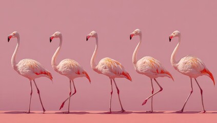 Obraz premium Five pink flamingos in a row against a pale pink background (1)