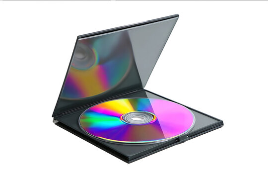 A white background with an open black plastic case and a colorful glass sticker on the front displaying the inside cover of a CD or DVD in a highdefinition p