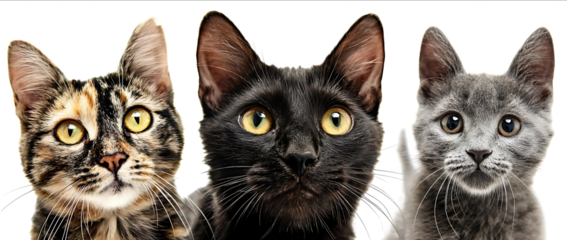 Closeup portrait of three different cats isolated on a white background a black and brown calico Bengal cat with yellow eyes a black shorthaired tabby cat an