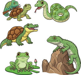 Cartoon reptiles and amphibians, chameleon, snake, crocodile, turtle, frog, lizard, nature theme, kids, biology illustration, playful characters