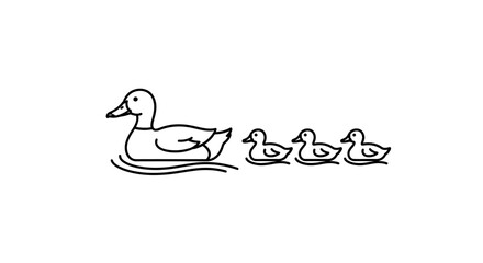 A mother duck with three ducklings swimming in a row, a simple line art icon.